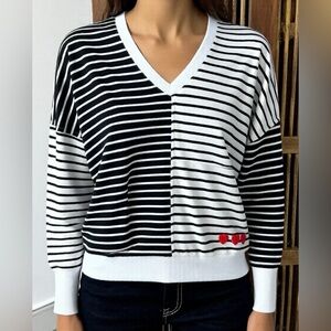 Black and White Striped V-Neck Cozy Top